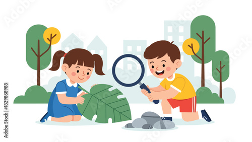 Kids exploring nature outdoors with magnifying glass. Ideal for science learning, outdoor classroom concepts, curiosity development, and discovery education