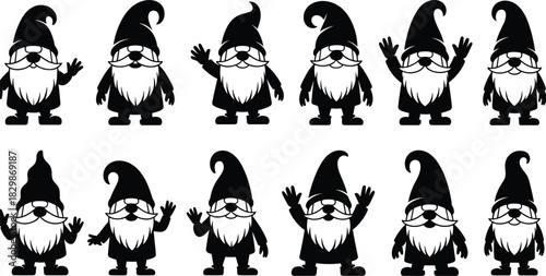 Set of cute garden gnome silhouettes with long beards and pointy hats isolated on white background for christmas vector decoration.