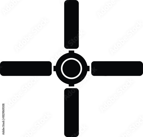 Simple black silhouette of a four bladed ceiling fan on a white background silhouette