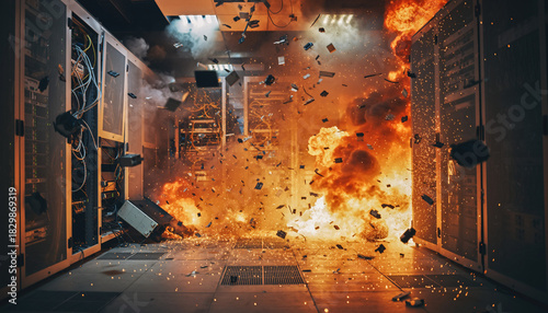 Data center explosion with servers and wires erupting in flames and smoke, a catastrophic system failure