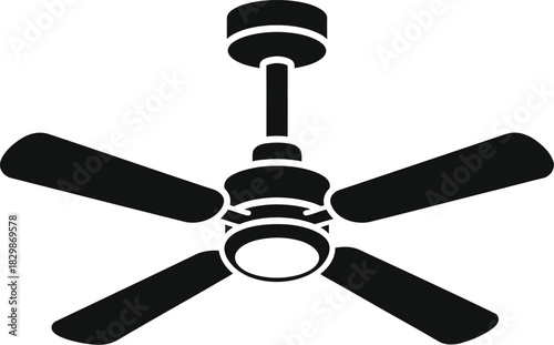 A simple black silhouette of a five bladed ceiling fan with a central motor housing and downrod