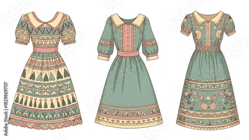 Delightful dresses collection with vintage charm and whimsical details, perfect for fashion design, textile prints, and creative projects with retro flair