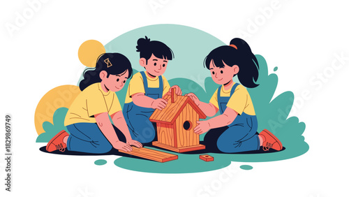 Kids assembling a small birdhouse outdoors during school DIY workshop. Perfect for hands-on learning, teamwork development, and outdoor project education.