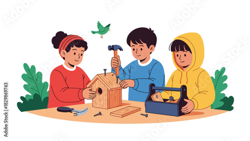 Kids assembling a small birdhouse outdoors during school DIY workshop. Perfect for hands-on learning, teamwork development, and outdoor project education.