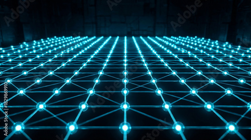 Technology Network of Glowing Blue Dots, an Abstract Digital Connection Illuminating a Dark Futuristic Environment