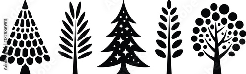 Set of stylized black tree icons featuring christmas fir and botanical branches isolated on white background for winter landscape design.