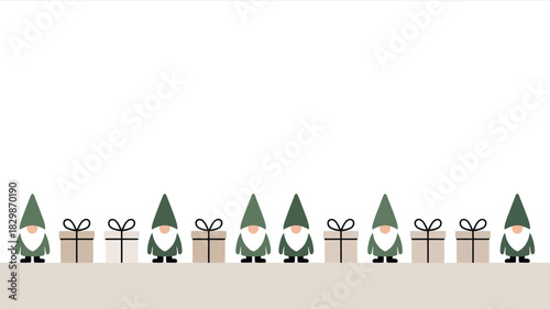 A row of christmas gnomes with green hats and presents with bows on a beige background simple design