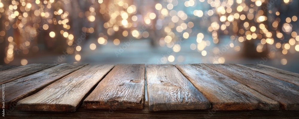 Obraz premium A wooden deck in the foreground with a snowy, festive street scene of blurred lights and buildings in the background.