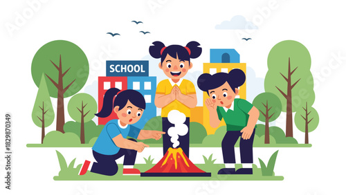 Students performing simple science experiment outdoors with excitement. Ideal for STEM learning, playful discovery, and hands-on outdoor education activities.