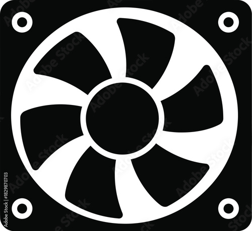 A simple black and white graphic representation of a computer cooling fan silhouette