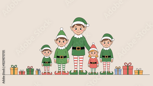 A group of christmas elves standing together with presents at their feet in a festive illustration