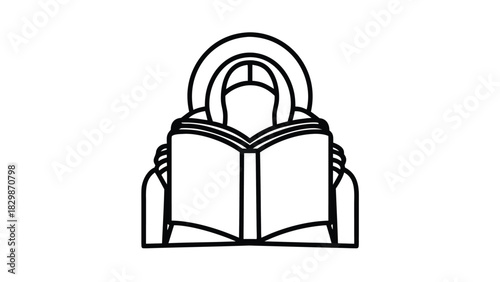 Stylized outline of a person wearing a hooded robe reading an open book figure