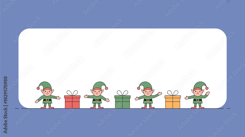 Naklejka premium Cartoon illustration of christmas elves with presents on a blue background with white text area