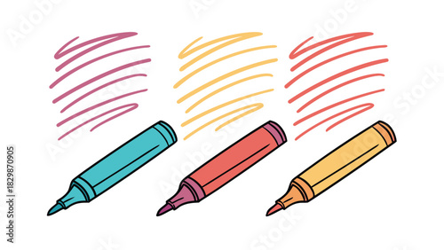 Three colorful markers with scribbled lines in pink, yellow, and red on white artist