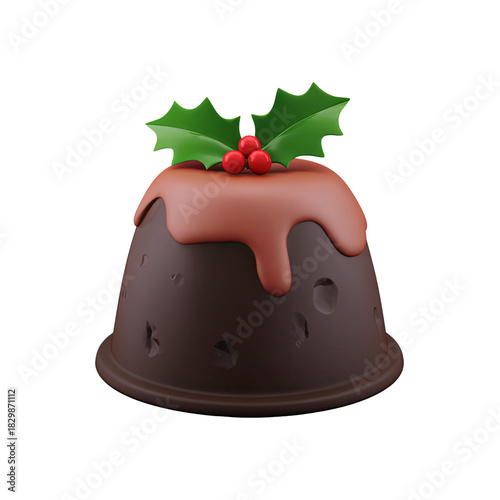 Delicious chocolate pudding with festive holly decoration, perfect for holiday celebrations and desserts.