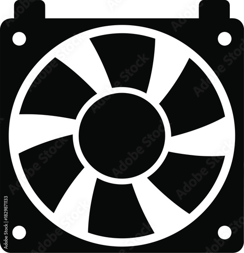 A black and white graphic silhouette of a computer cooling fan with visible blades and mounting points