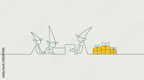 Three line art elves passing a box with yellow gifts on a light gray background in minimalist style