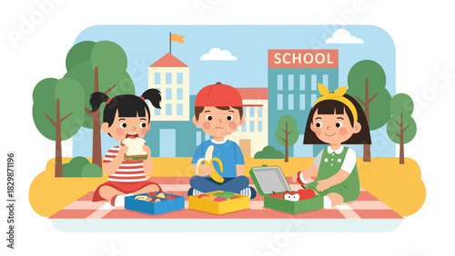 Kids enjoying picnic lunch together outdoors at school. Ideal for social learning, group bonding, healthy habits, and playful outdoor activity visuals
