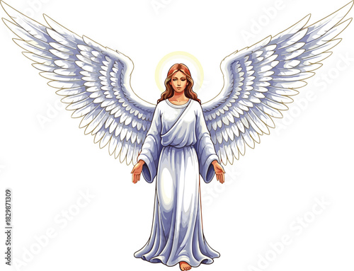 Serene angelic figure with glowing halo, white robe and detailed wings in divine spiritual illustration on white background