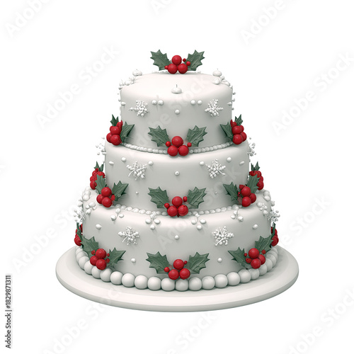Elegant three-tiered holiday cake decorated with red berries and green leaves, perfect for festive celebrations.