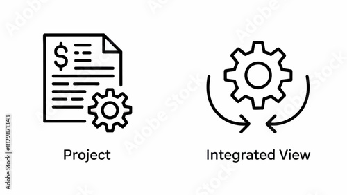 Project management and integrated view concept represented by icons in black and white for business and finance