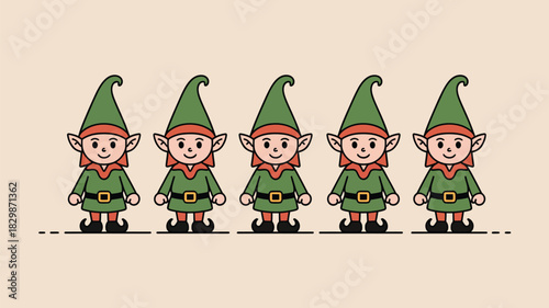 Five cartoon christmas elves standing in a row with green hats and outfits on a beige background color
