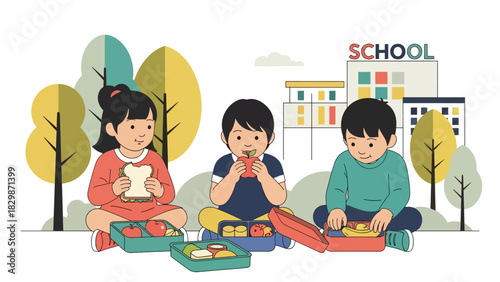 Kids enjoying picnic lunch together outdoors at school. Ideal for social learning, group bonding, healthy habits, and playful outdoor activity visuals