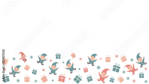 A festive border with cartoon elves gifts and snowflakes on a white background for christmas holiday season