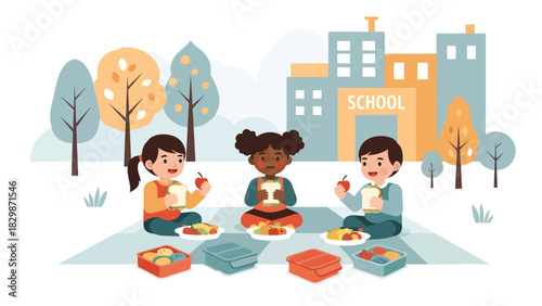 Kids enjoying picnic lunch together outdoors at school. Ideal for social learning, group bonding, healthy habits, and playful outdoor activity visuals