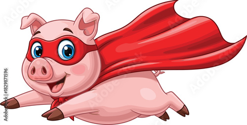 Cartoon superhero pig flying, cheerful animal character sketch, red mask and cape vector, imaginative storytelling illustration, humorous concept design