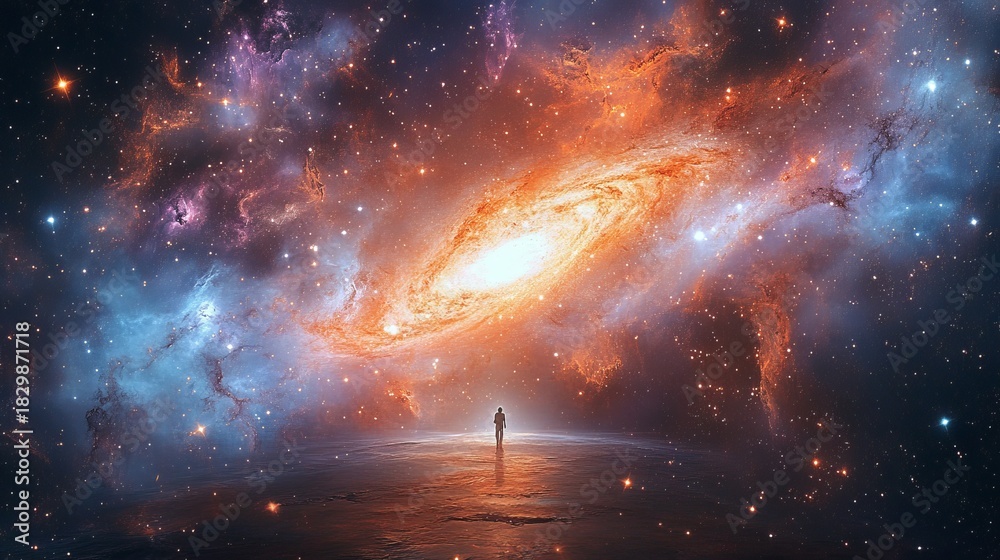 Fototapeta premium A silhouette of an individual stands against a vibrant cosmic backdrop filled with stars and galaxies