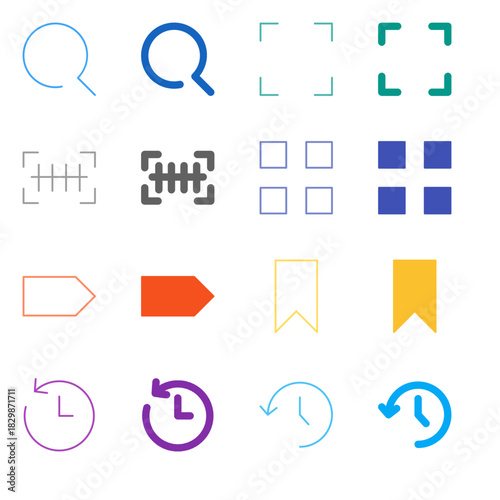 Flat Colored Search and Bookmark Icon Set in Outline and Solid Style for Discovery and Content History