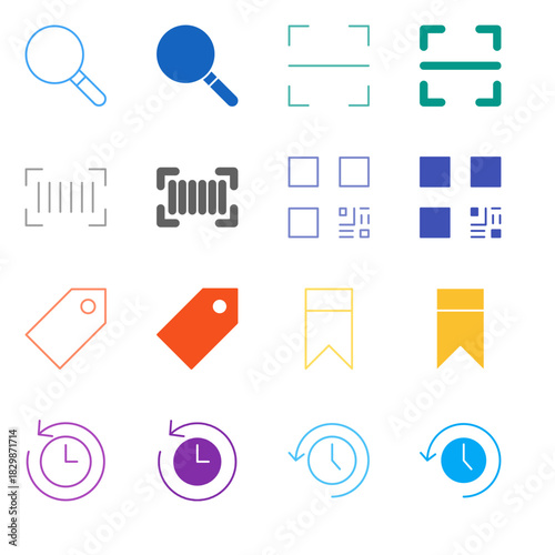 Flat Colored Search and Bookmark Icon Set in Outline and Solid Style for Discovery and Content History