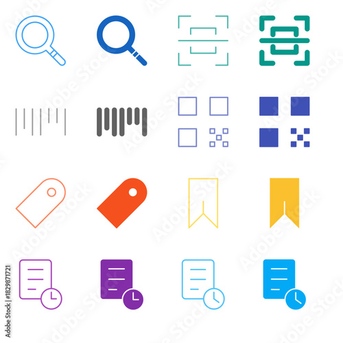 Flat Colored Search and Bookmark Icon Set in Outline and Solid Style for Discovery and Content History