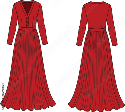 Red long sleeve maxi dress fashion flat, vector technical sketch, apparel design template, women's pleated gown, V-neck, front and back view.