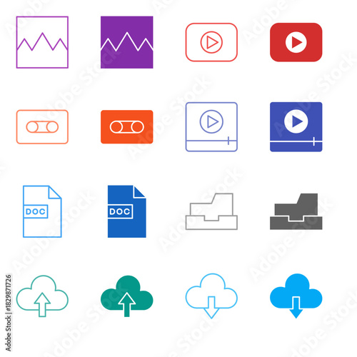 Flat Colored Media and Cloud Icon Set in Outline and Solid Style for Document Storage and Playback