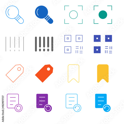 Flat Colored Search and Bookmark Icon Set in Outline and Solid Style for Discovery and Content History