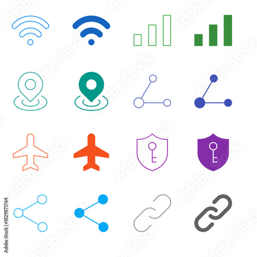 Flat Colored Network and Connectivity Icon Set in Outline and Solid Style for Signal and Data Sharing