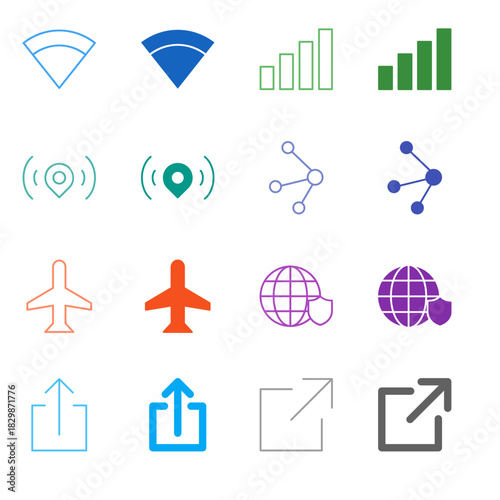 Flat Colored Network and Connectivity Icon Set in Outline and Solid Style for Signal and Data Sharing
