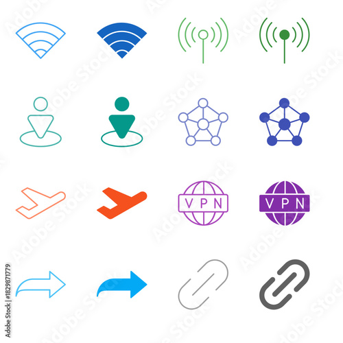 Flat Colored Network and Connectivity Icon Set in Outline and Solid Style for Signal and Data Sharing