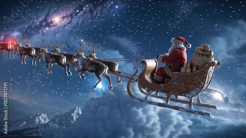 Stunning rear view of Santa Claus flying his reindeer-drawn sleigh high above a snow-covered mountain village, soaring towards a vibrant, star-filled, cosmic sky with nebulae and clouds