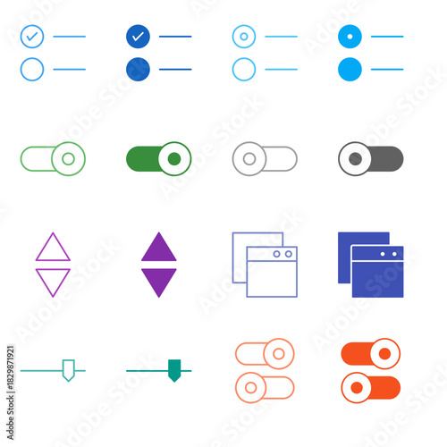Flat Colored UI Control Icon Set in Outline and Solid Style for Form Input and Interaction Elements