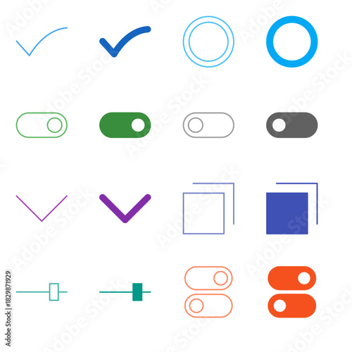 Flat Colored UI Control Icon Set in Outline and Solid Style for Form Input and Interaction Elements