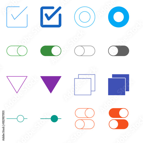 Flat Colored UI Control Icon Set in Outline and Solid Style for Form Input and Interaction Elements