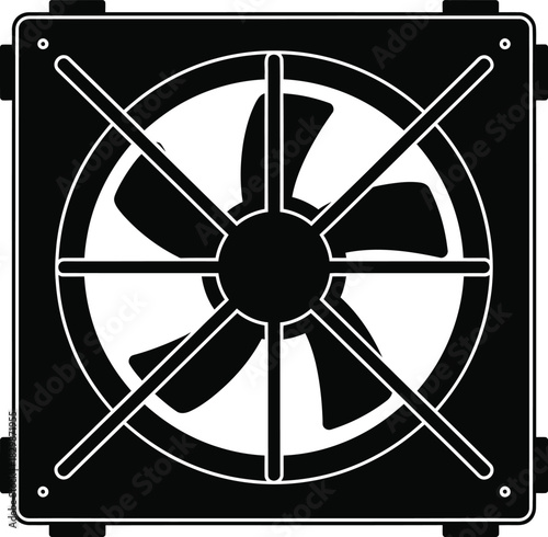 Black silhouette of a computer cooling fan with visible blades and frame
