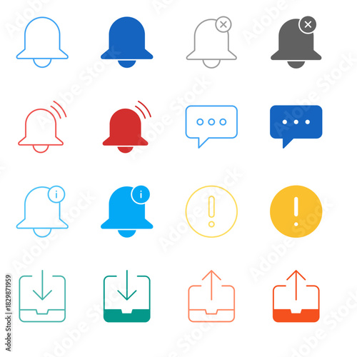 Flat Colored Notification and Mail Icon Set in Outline and Solid Style for System Alerts and Communication