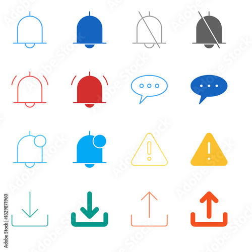 Flat Colored Notification and Mail Icon Set in Outline and Solid Style for System Alerts and Communication