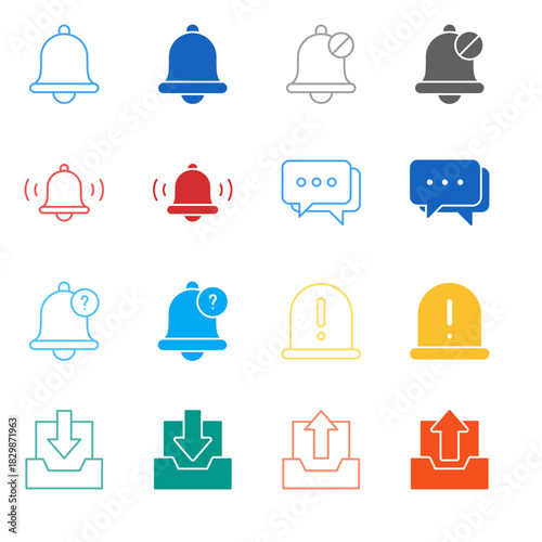 Flat Colored Notification and Mail Icon Set in Outline and Solid Style for System Alerts and Communication