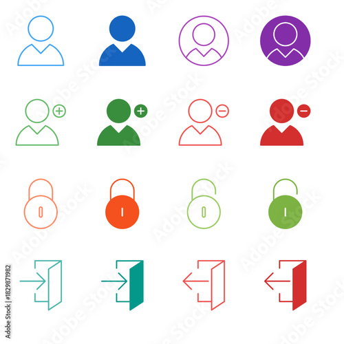 Flat Colored User Account Icon Set in Outline and Solid Style for Security and Authentication Management
