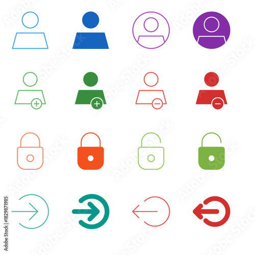 Flat Colored User Account Icon Set in Outline and Solid Style for Security and Authentication Management